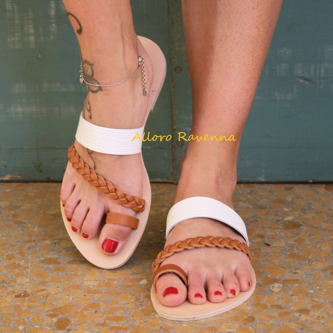 sandali in vera pelle modello positano bicolor bianco cuoio marrone treccia infradito ciabattina fondo cuoio donna 1976 1