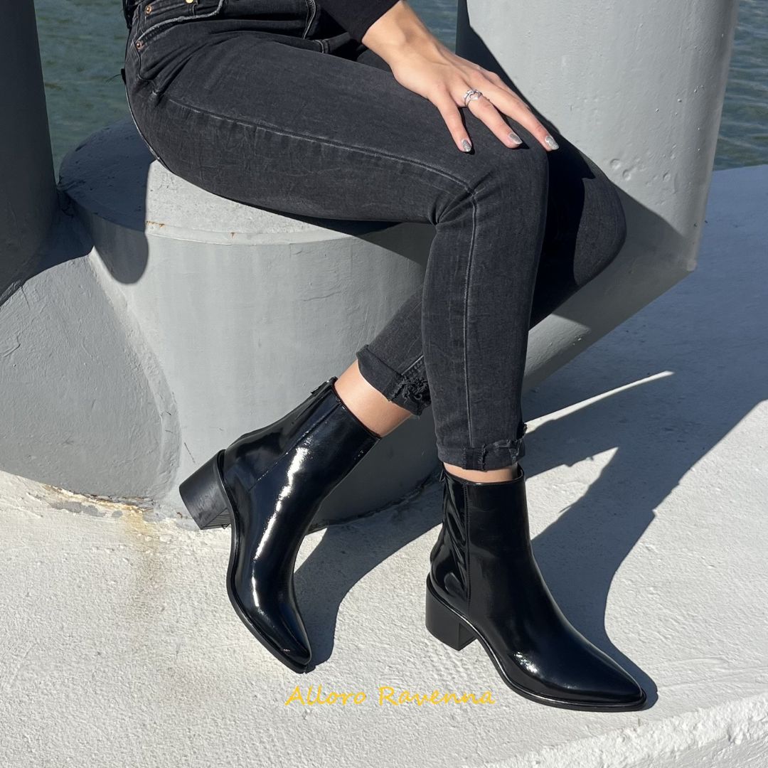 tronchetti neri stivaletti in vera pelle lucidi punta tacchi comodi tacco largo 6 cm zip cerniera donna 1